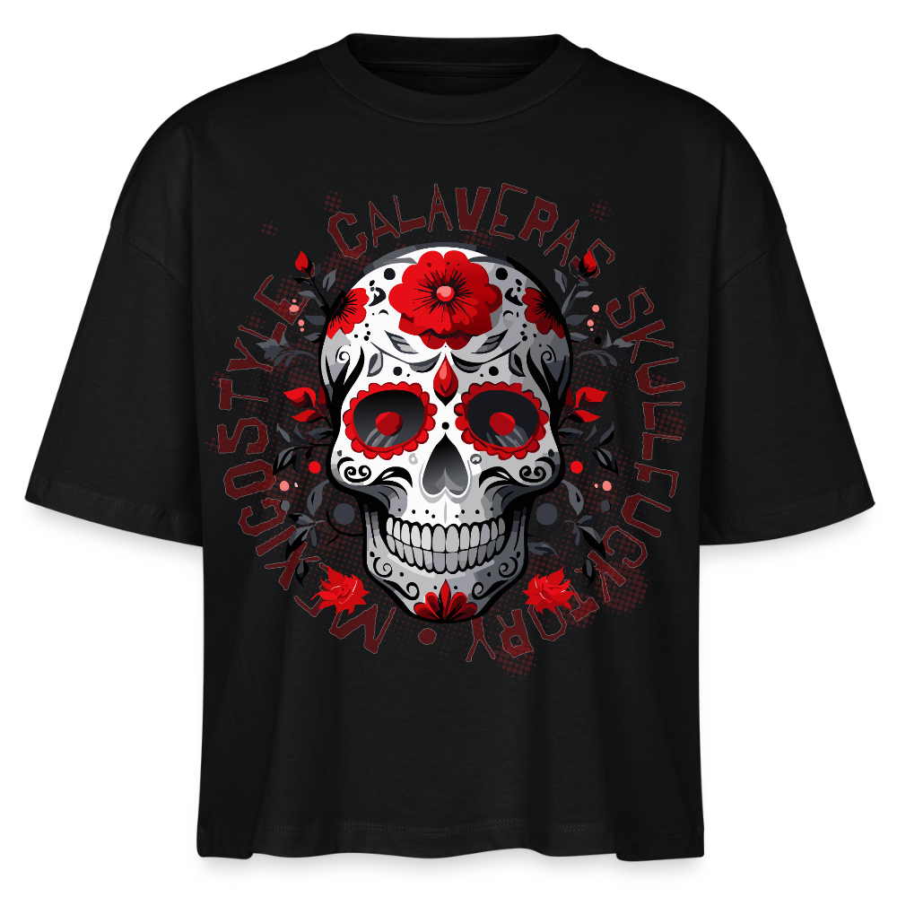 Frauen Boxy Bio-T-Shirt mit CALAVERAS SKULL PRINT - Schwarz