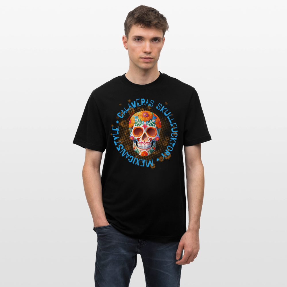 Relaxed Fit Unisex Bio-T-Shirt mit CALAVERAS MEXICANSTYLE PRINT Vorderseite - Schwarz