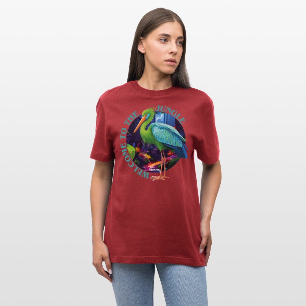 Relaxed Fit Unisex Bio-T-Shirt mit WELCOME TO THE JUNGLE PRINT Vorderseite - Erdrot