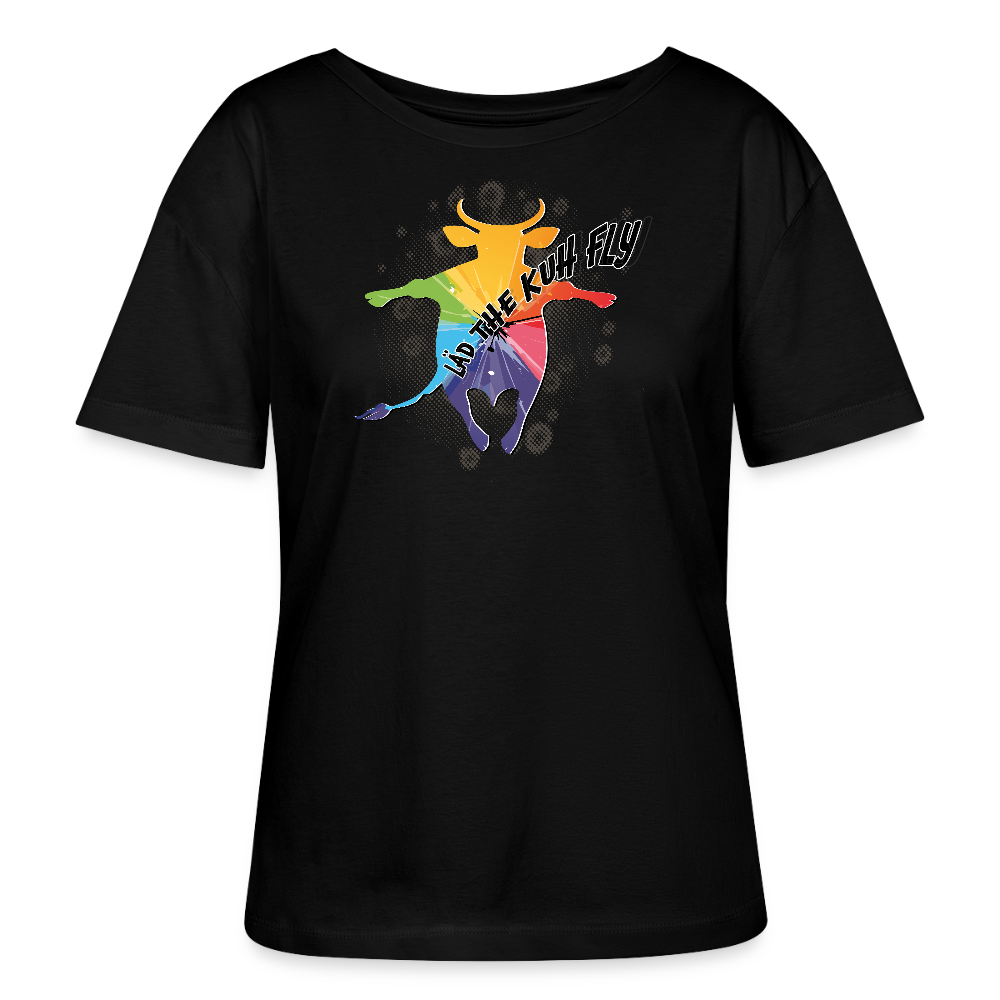 Frauen T-Shirt mit LÄD THE KUH FLY PRINT - Schwarz