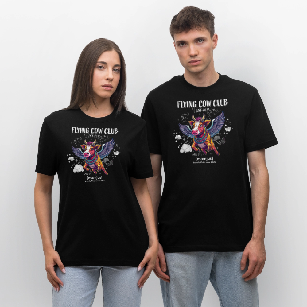 Unisex Bio-T-Shirt mit FLYING COW CLUB PRINT Vorderseite - Schwarz