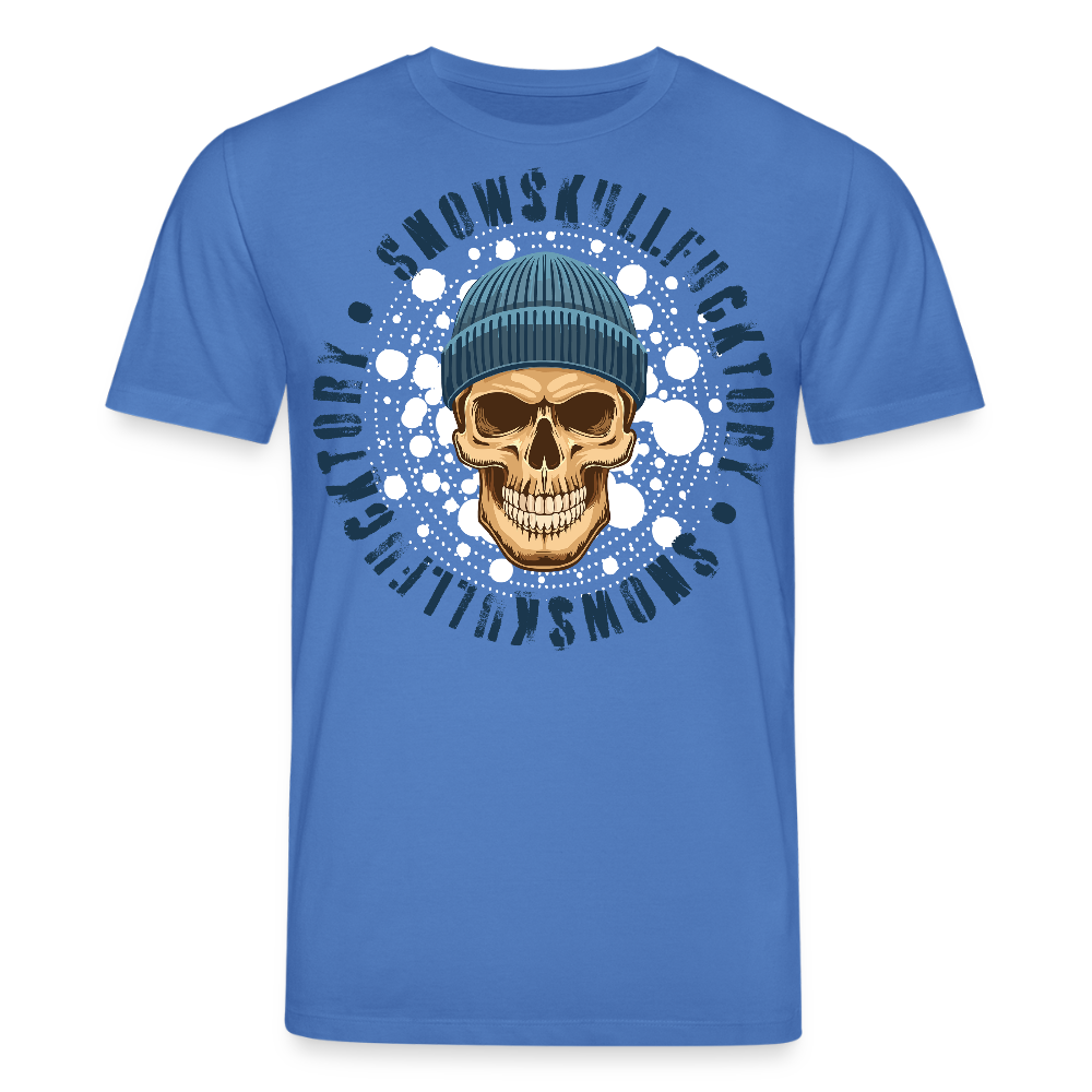 Unisex Bio-T-Shirt mit SNOWSKULL FUCKTORY PRINT Vorderseite - Achtsames Blau