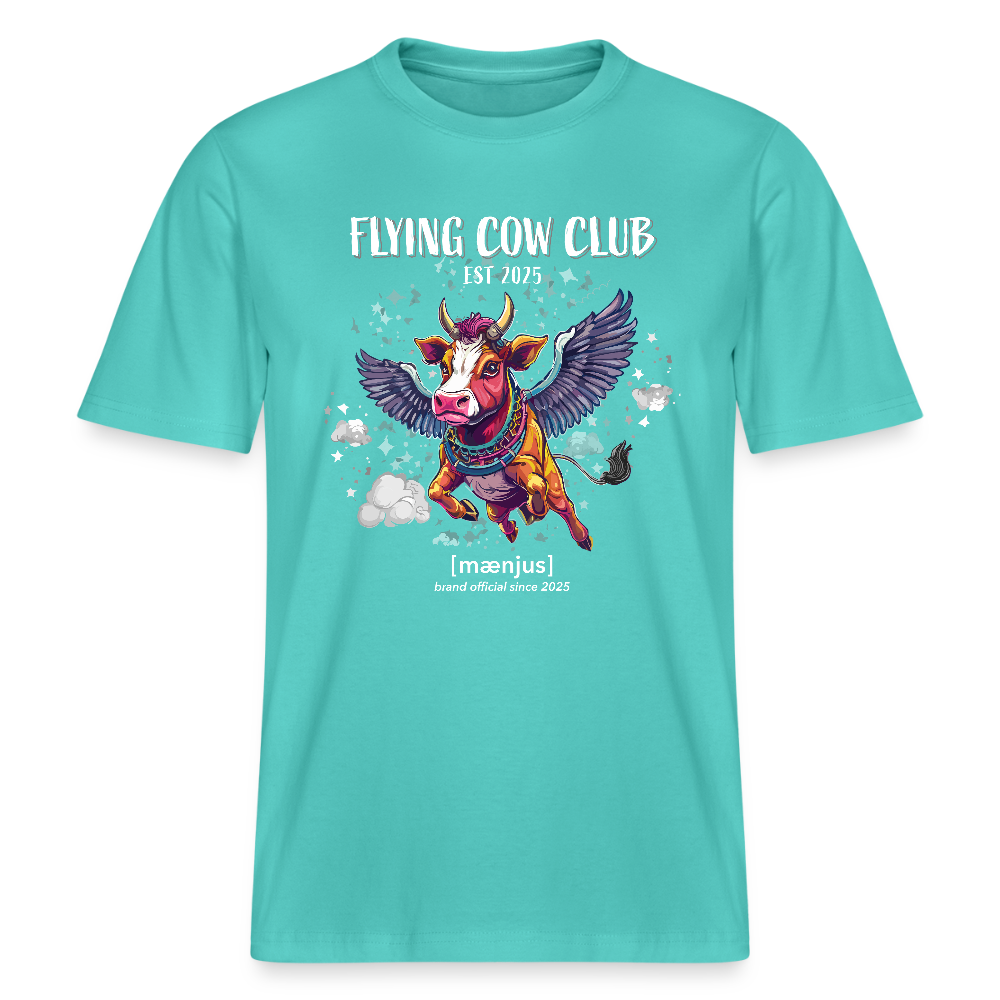 Unisex Bio-T-Shirt mit FLYING COW CLUB PRINT Vorderseite - Poolblau