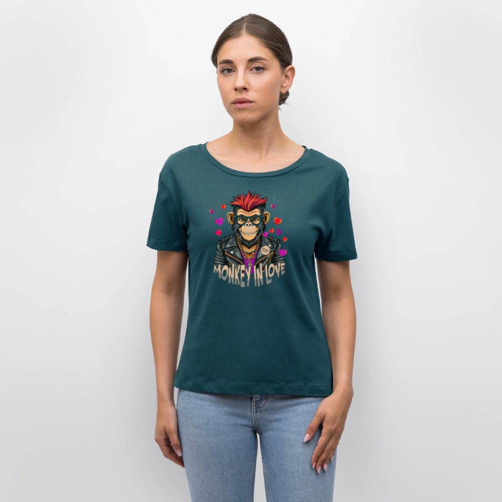 Frauen T-Shirt mit MONKEY IN LOVE PRINT - Dunkles Petrol