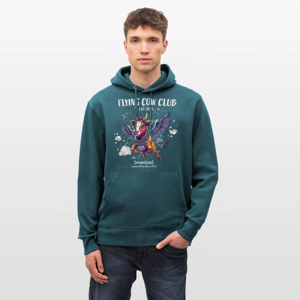 Unisex Bio-Hoodie mit FLYING COW CLUB PRINT Vorderseite - Dunkles Petrol