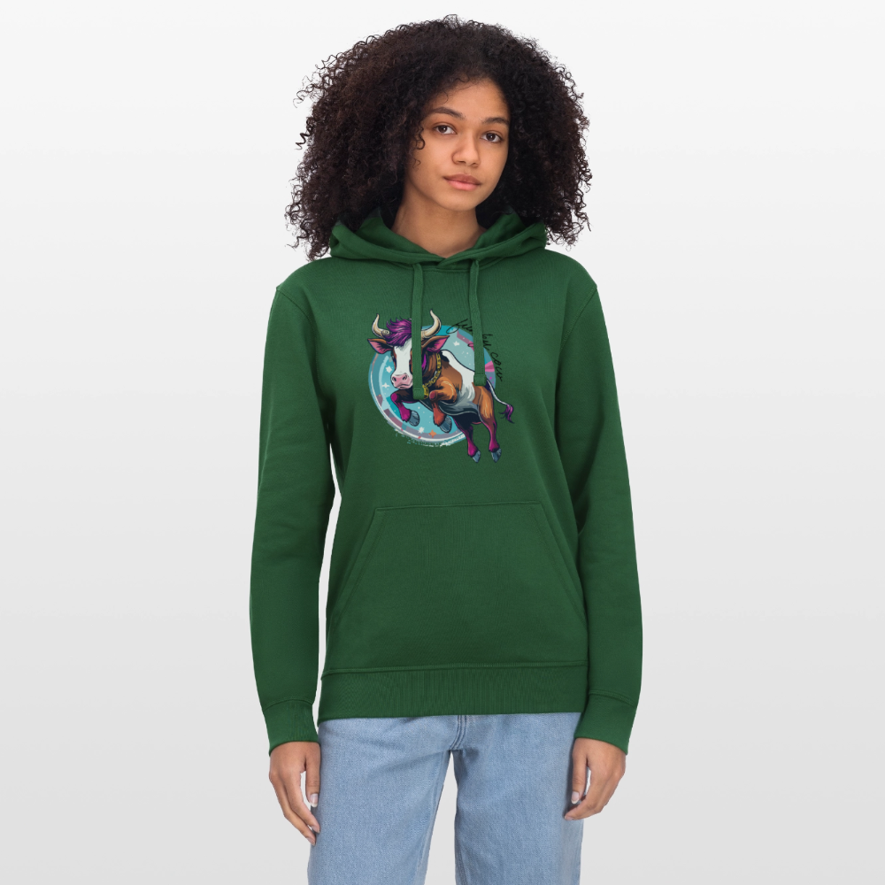 Unisex Bio-Hoodie mit FUNKY COW PRINT Vorderseite - Flaschengrün