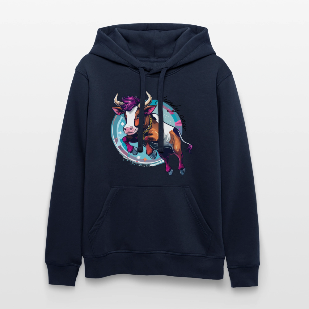 Unisex Bio-Hoodie mit FUNKY COW PRINT Vorderseite - French Navy