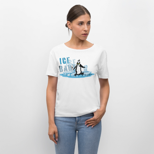 Relaxed Rundhals Frauen Bio-T-Shirt mit ICE ICE BABY PINGUIN PRINT - Weiß