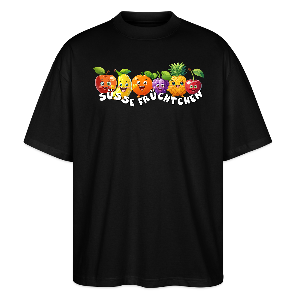 Oversized Unisex T-Shirt mit SÜSSE FRÜCHTCHEN PRINT - Schwarz