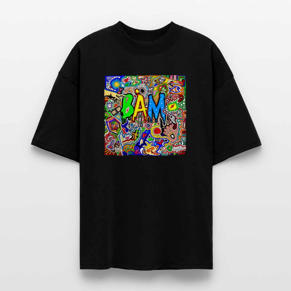Oversized Unisex Bio T-Shirt mit BÄM PRINT Vorderseite - Schwarz
