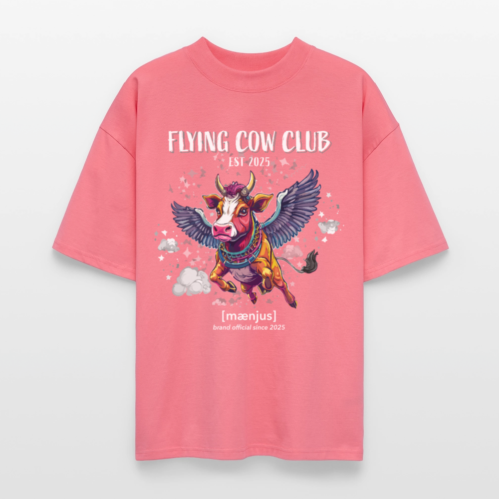 Oversized Unisex Bio T-Shirt mit FLYING COW CLUB PRINT Vorderseite - Pink