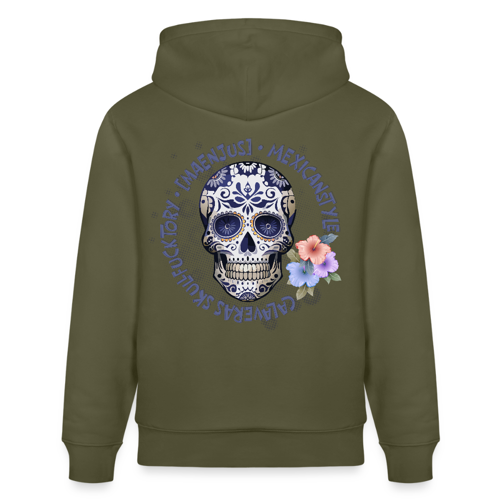 Unisex Hoodie mit MAENJUS MEXICANSTYLE PRINT Vorder- und Rückseite - Khaki Grün