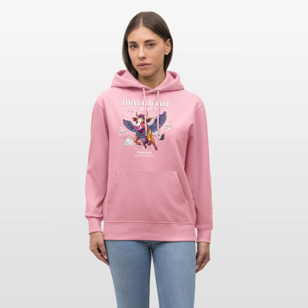 Unisex Bio-Hoodie mit FLYING COW CLUB PRINT Vorderseite - Lila Traum