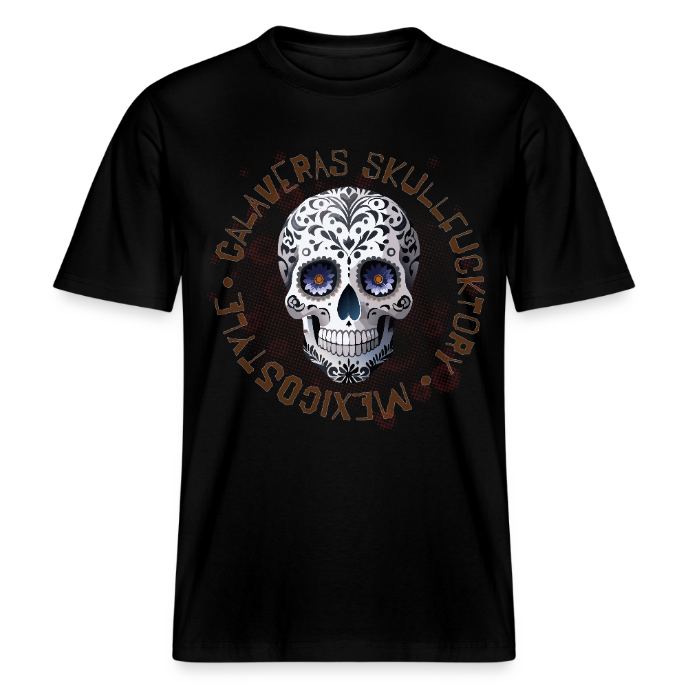 Relaxed Fit Unisex Bio-T-Shirt mit CALAVERAS SKULL PRINT Vorderseite - Schwarz