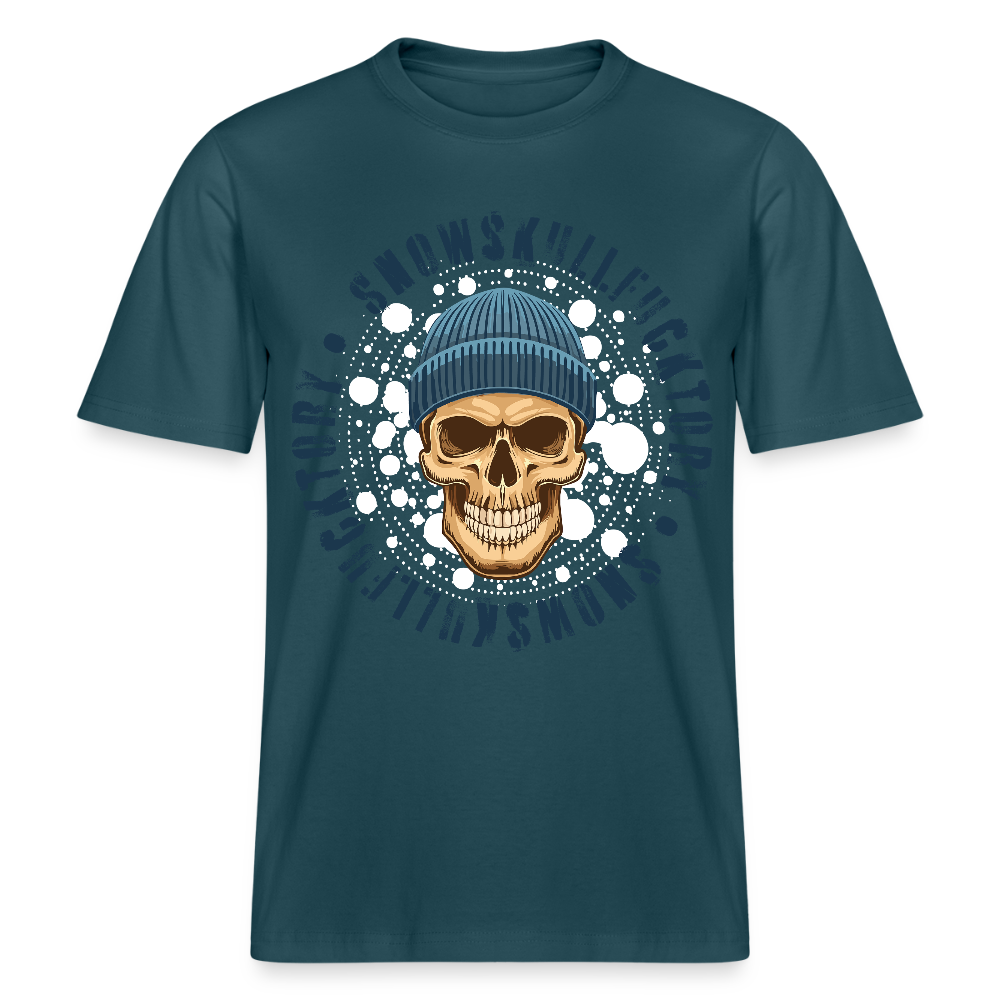 Relaxed Fit Unisex Bio-T-Shirt mit SNOWSKULL FUCKTORY PRINT Vorderseite - Dunkles Petrol