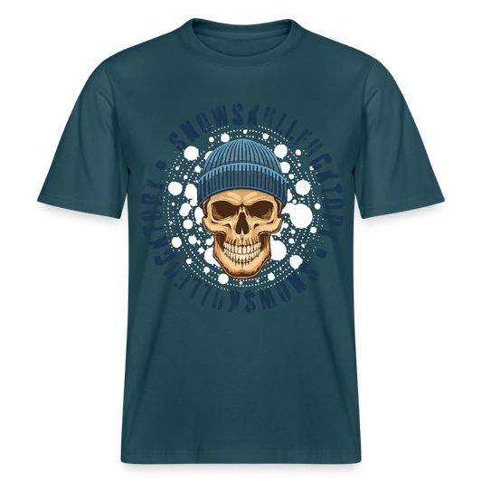 Relaxed Fit Unisex Bio-T-Shirt mit SNOWSKULL FUCKTORY PRINT Vorderseite - Dunkles Petrol