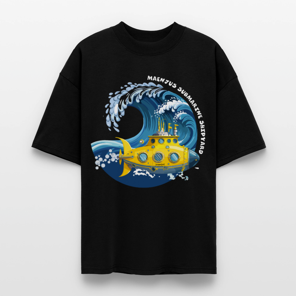 Oversized Unisex Bio T-Shirt mit MAENJUS SUBMARINE SHIPYARD PRINT Vorderseite - Schwarz