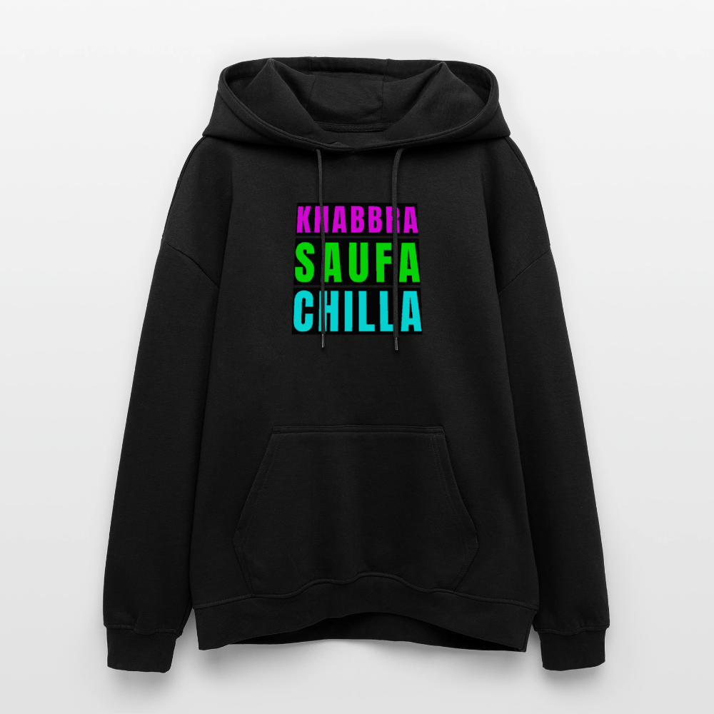Oversized Unisex Hoodie mit KNABBRA SAUFA CHILLA PRINT - Schwarz