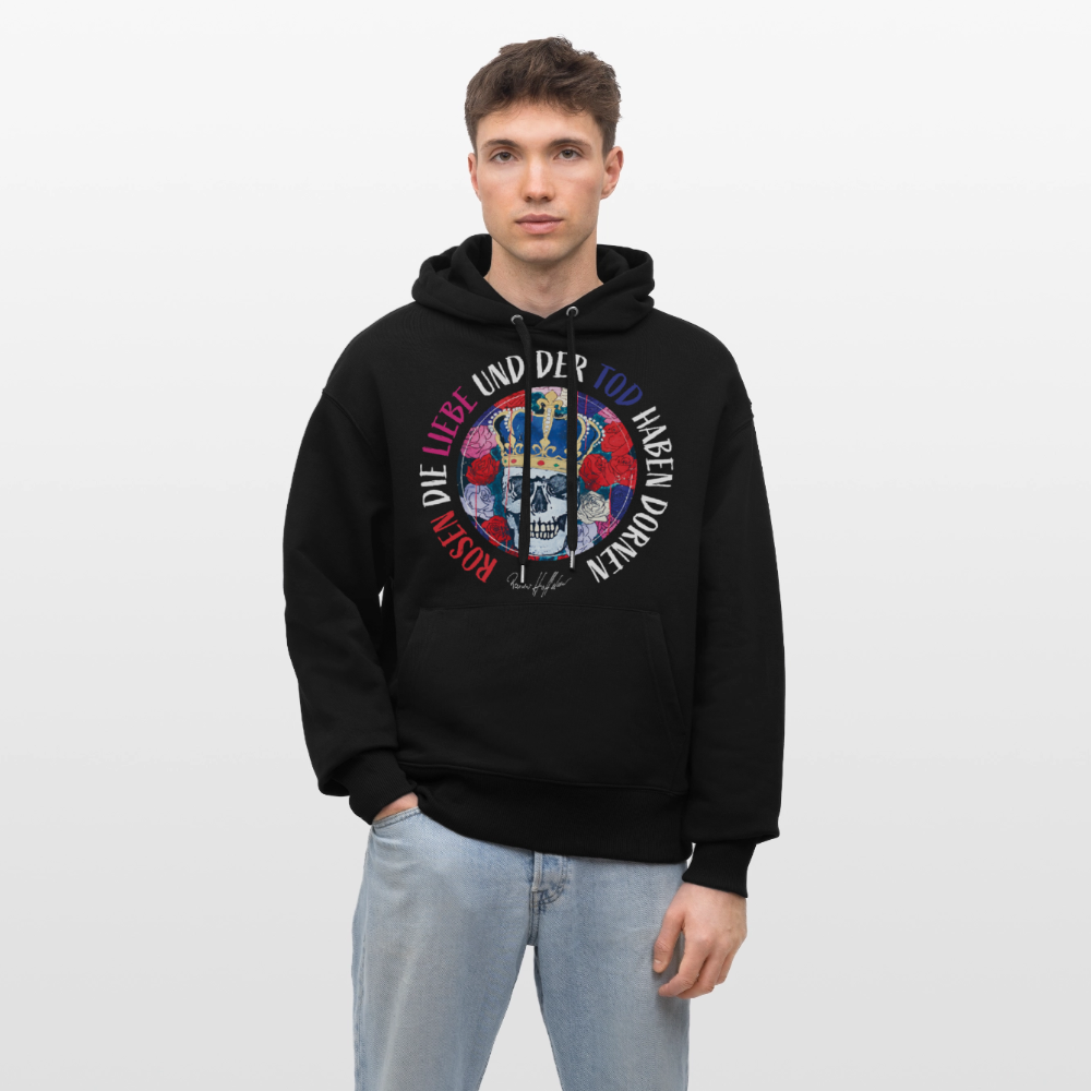 Unisex Relaxed Fit Bio-Hoodie mit ROSEN DIE LIEBE UND DER TOD HABEN DORNEN PRINT - Schwarz
