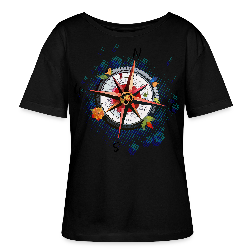 Frauen Rundhals T-Shirt mit WINDROSE PRINT - Schwarz