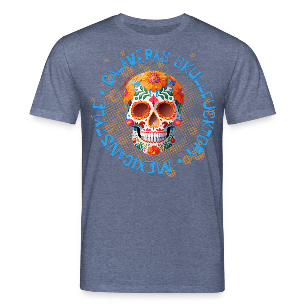 Unisex Bio-T-Shirt mit CALAVERAS MEXICANSTYLE PRINT Vorderseite - Dunkelblau meliert