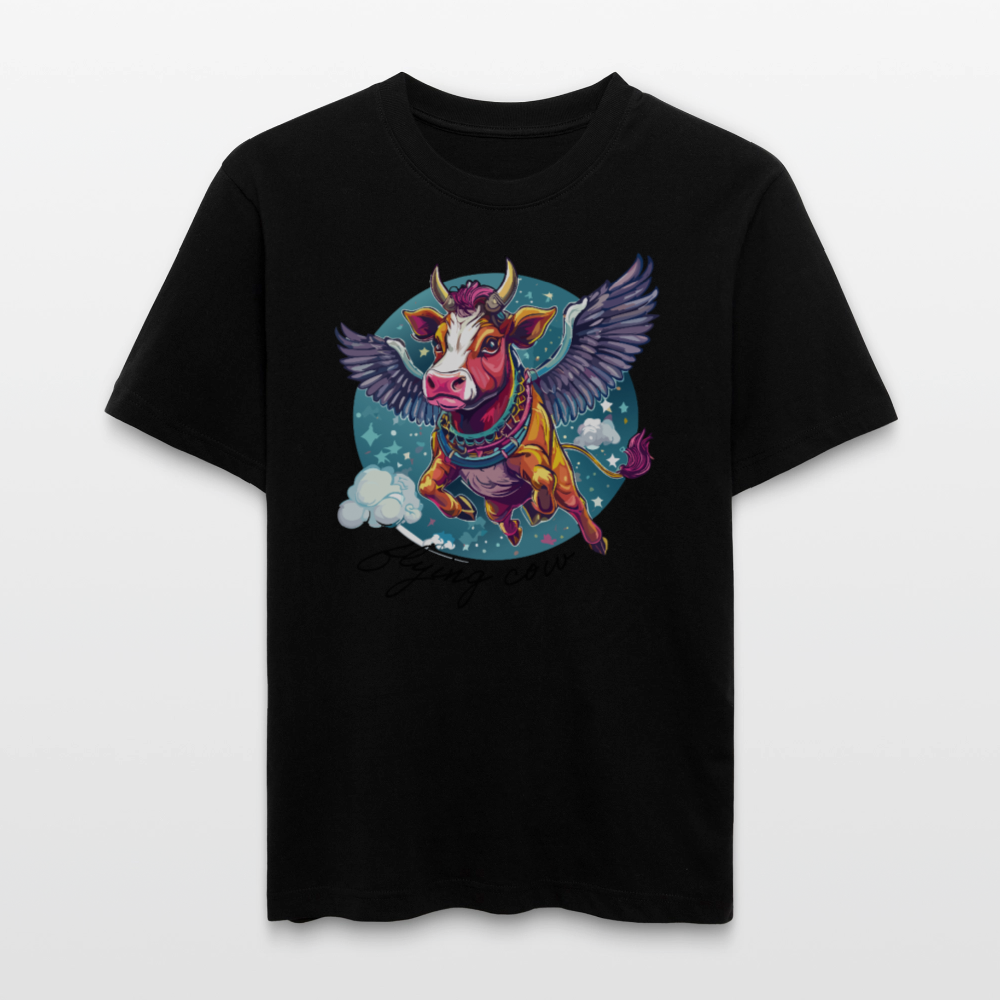 Relaxed Fit Unisex Bio-T-Shirt mit FLYING COW PRINT Vorderseite - Schwarz