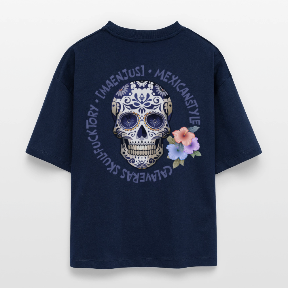 Frauen Boxy Bio-T-Shirt mit MAENJUS MEXICANSTYLE PRINT Vorder- und Rückseite - Navy