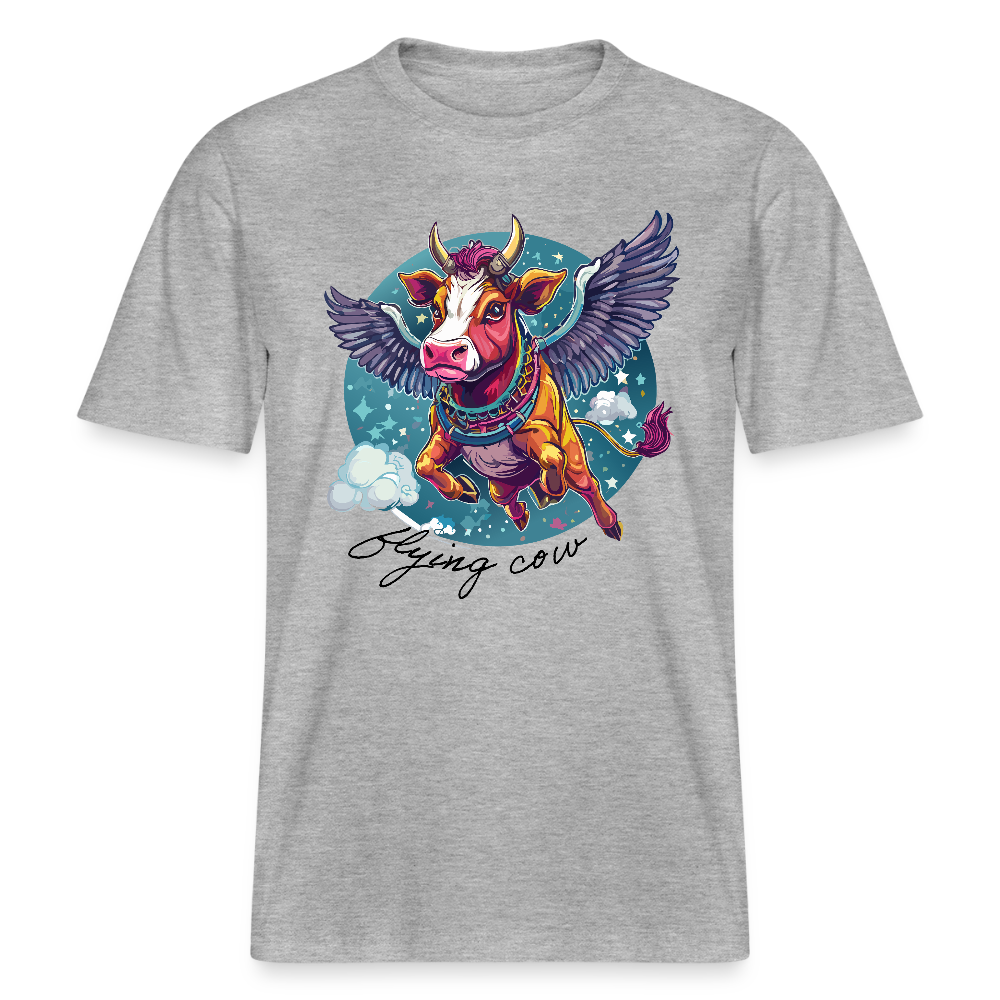 Relaxed Fit Unisex Bio-T-Shirt mit FLYING COW PRINT Vorderseite - Grau meliert