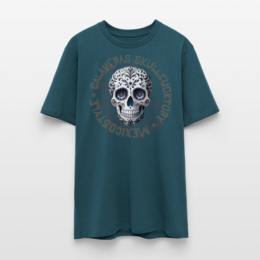 Unisex Bio-T-Shirt mit CALAVERAS SKULL PRINT Vorderseite - Dunkles Petrol
