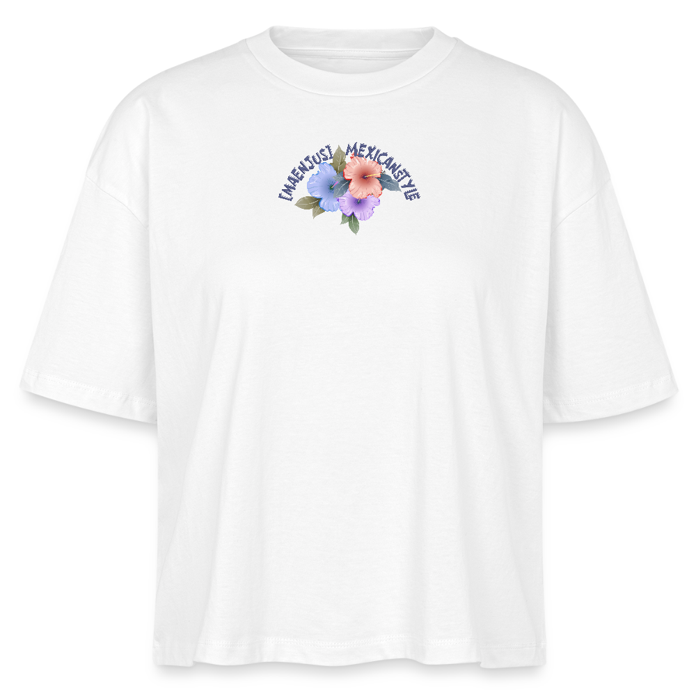 Frauen Boxy Bio-T-Shirt mit MAENJUS MEXICANSTYLE PRINT Vorder- und Rückseite - Weiß
