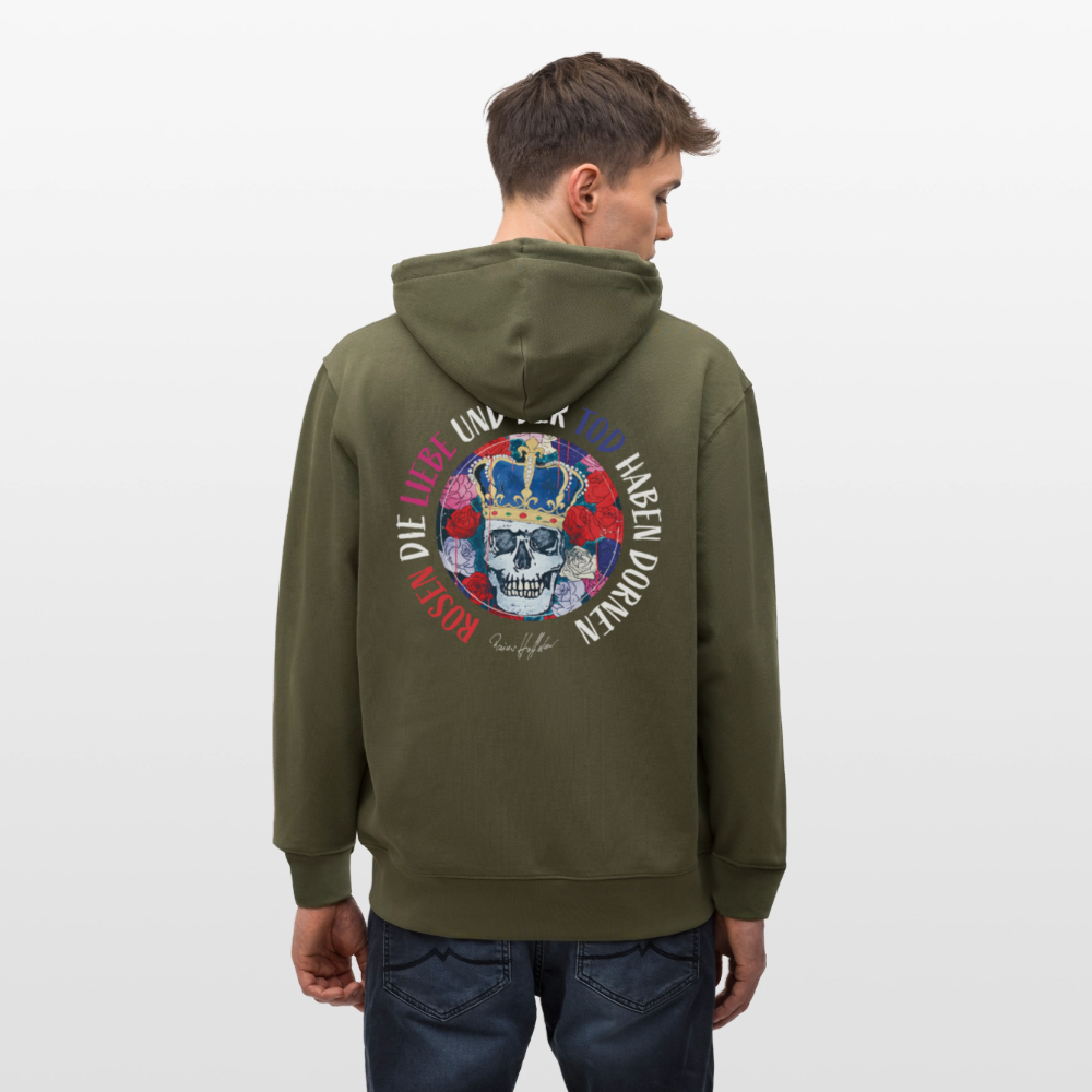 Unisex Bio-Kapuzenjacke mit ROSEN DIE LIEBE UND DER TOD HABEN DORNEN PRINT - Khaki