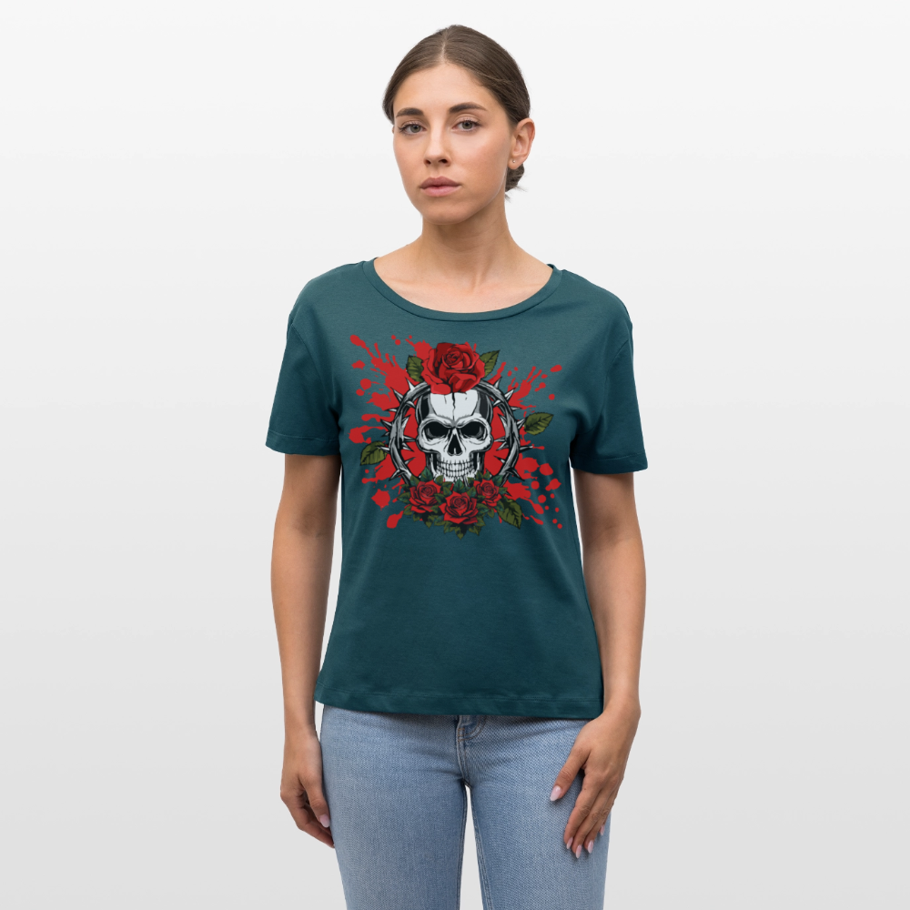 Frauen T-Shirt mit ROSEN SKULL PRINT - Dunkles Petrol