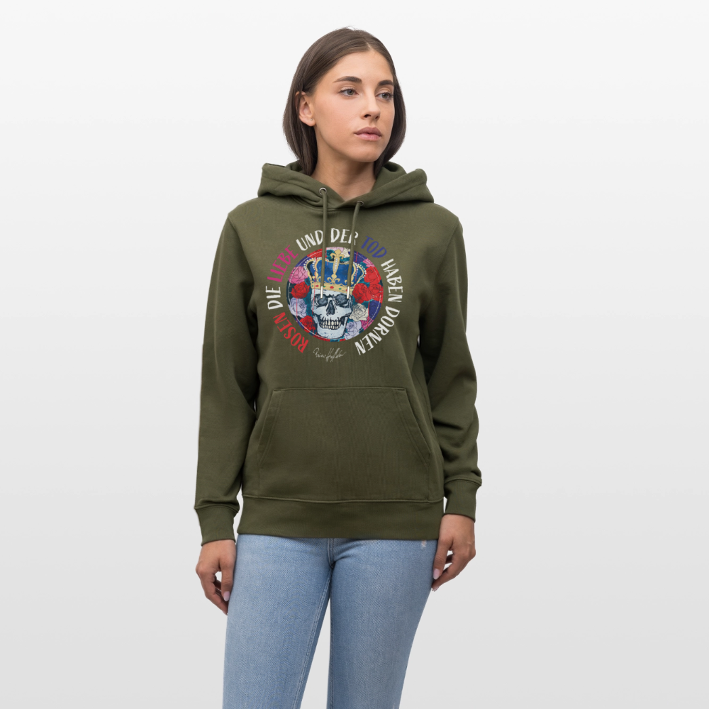 Unisex Hoodie mit ROSEN DIE LIEBE UND DER TOD HABEN DORNEN PRINT - Khaki Grün