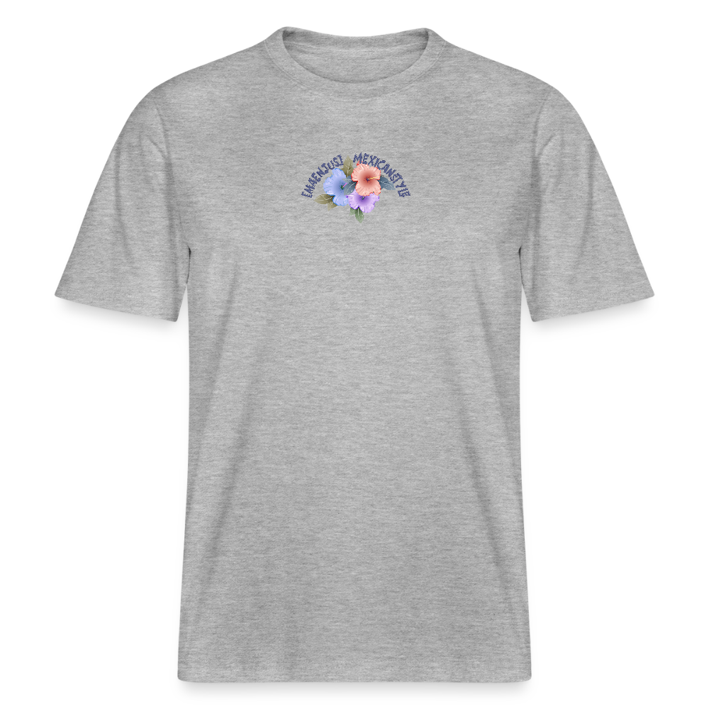 Relaxed Fit Unisex Bio-T-Shirt mit MAENJUS MEXICANSTYLE PRINT Vorder- und Rückseite - Grau meliert