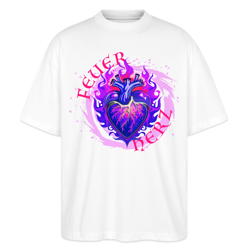 Oversized Unisex Bio T-Shirt mit FEUERHERZ LILA PRINT - Weiß