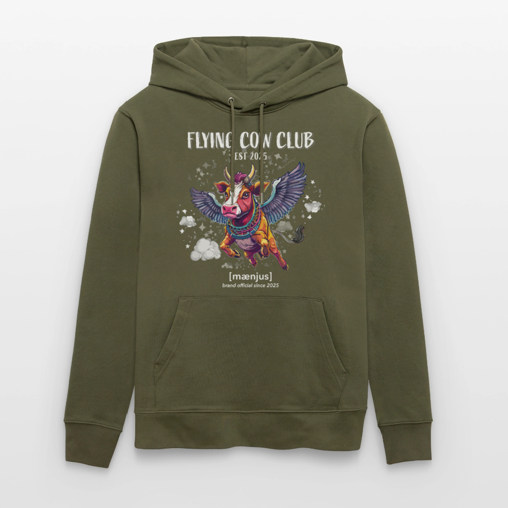 Unisex Bio-Hoodie mit FLYING COW CLUB PRINT Vorderseite - Khaki Grün