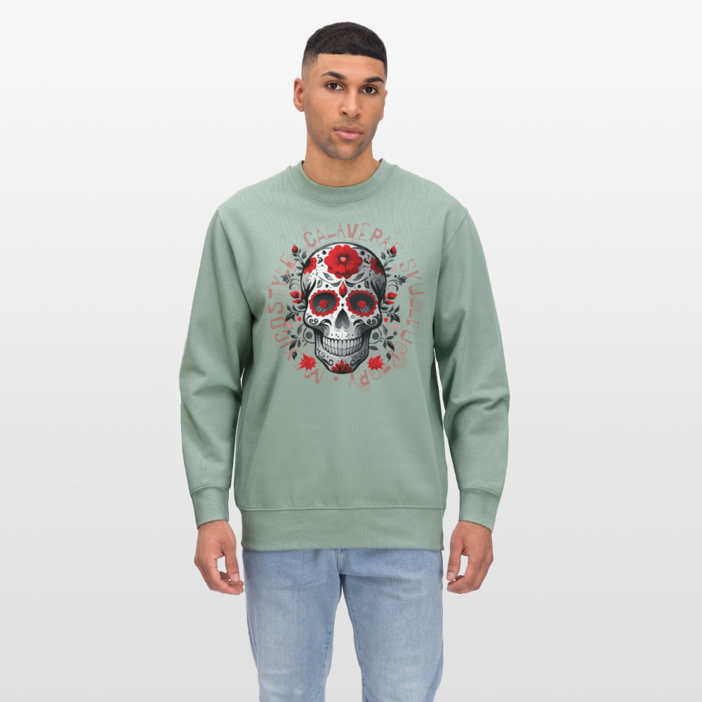 Unisex Bio-Sweatshirt mit CALAVERAS SKULL PRINT - Helles Graugrün