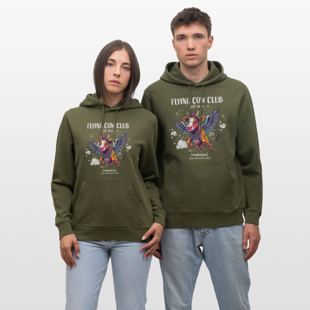 Unisex Bio-Hoodie mit FLYING COW CLUB PRINT Vorderseite - Khaki Grün