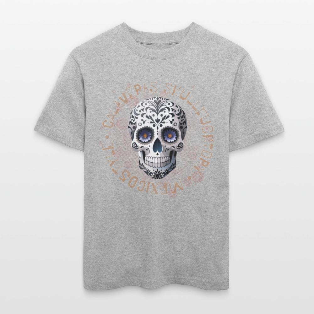 Relaxed Fit Unisex Bio-T-Shirt mit CALAVERAS SKULL PRINT Vorderseite - Grau meliert