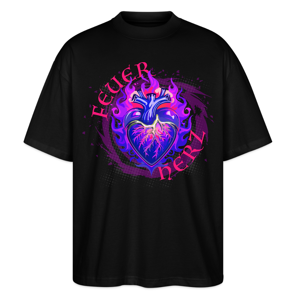 Oversized Unisex Bio T-Shirt mit FEUERHERZ LILA PRINT - Schwarz
