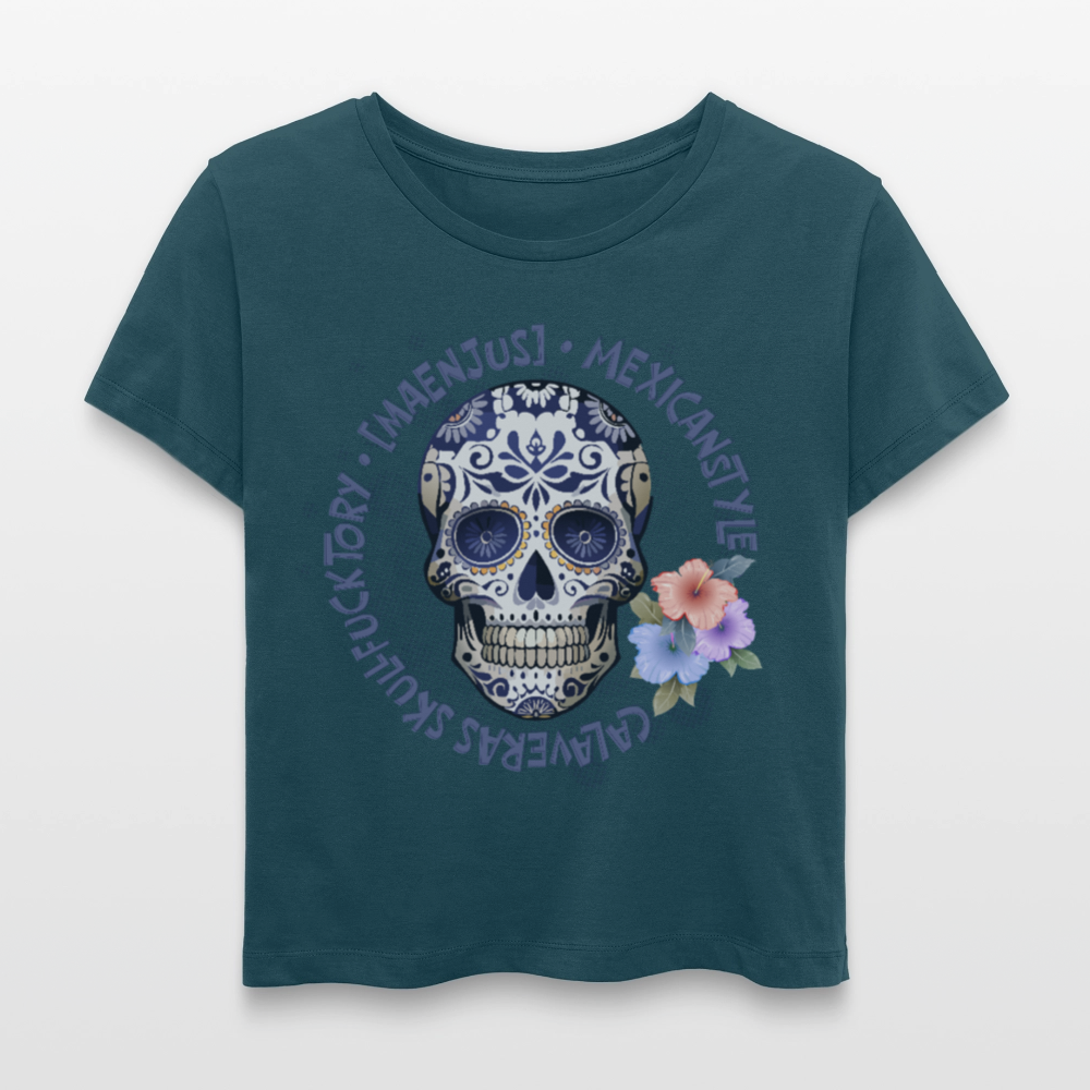 Rundhals Frauen Bio-T-Shirt mit MAENJUS MEXICANSTYLE PRINT Vorderseite - Dunkles Petrol