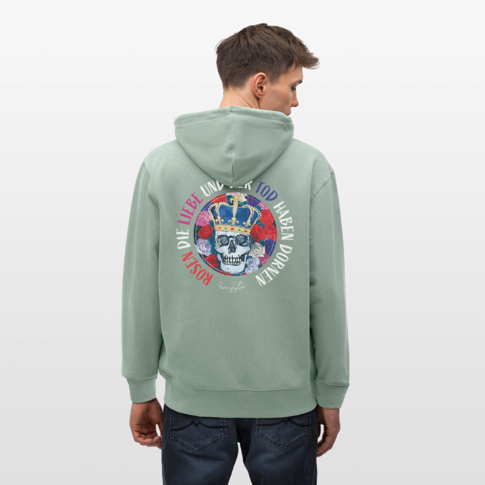 Unisex Bio-Kapuzenjacke mit ROSEN DIE LIEBE UND DER TOD HABEN DORNEN PRINT - Helles Graugrün