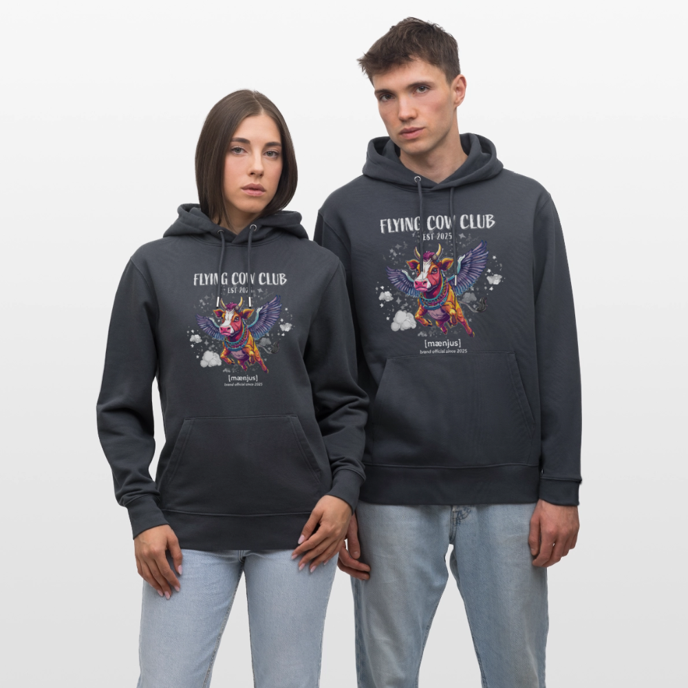 Unisex Bio-Hoodie mit FLYING COW CLUB PRINT Vorderseite - Indigoblau
