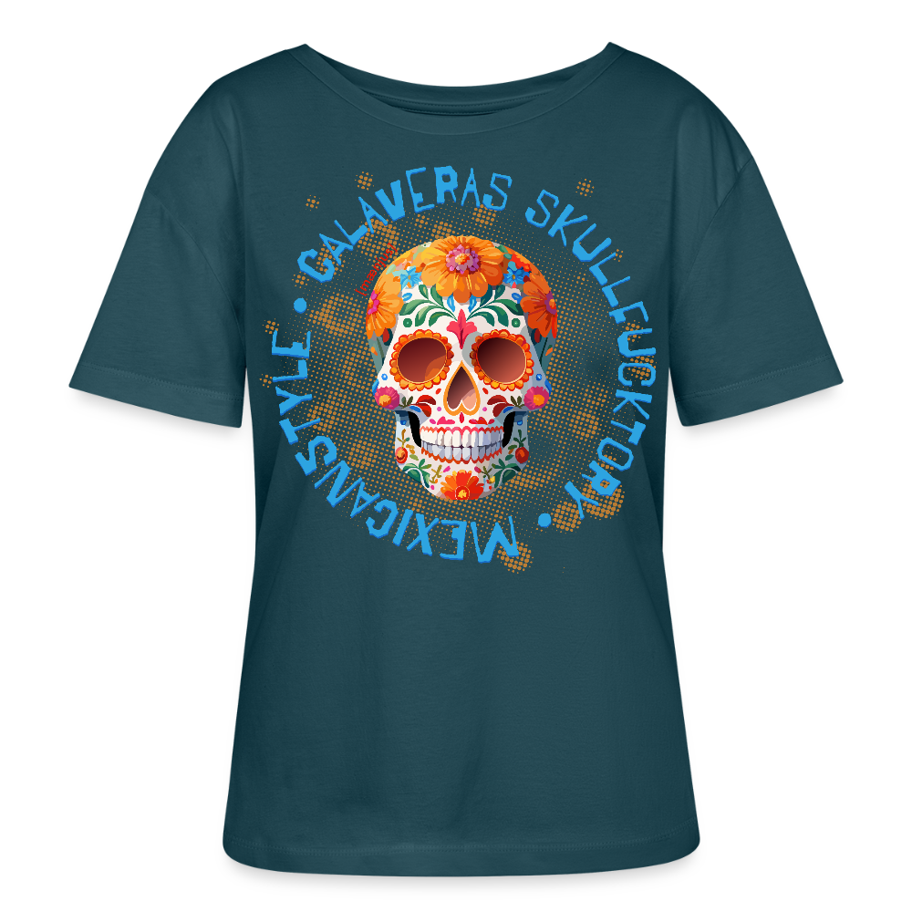 Relaxed Rundhals Frauen Bio-T-Shirt mit CALAVERAS SKULL PRINT - Dunkles Petrol