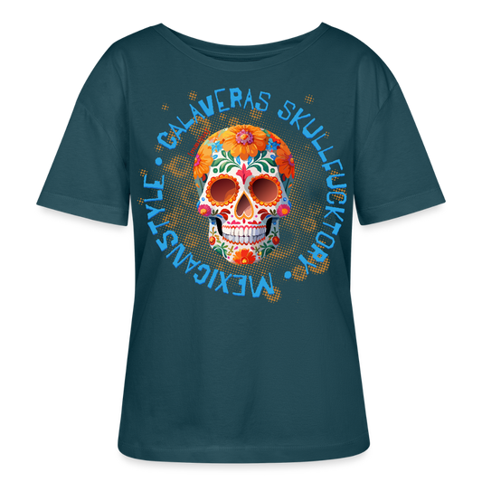 Relaxed Rundhals Frauen Bio-T-Shirt mit CALAVERAS SKULL PRINT - Dunkles Petrol