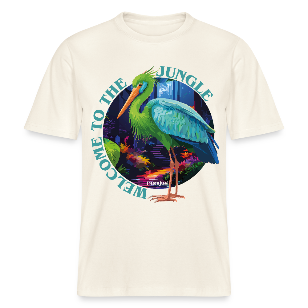 Relaxed Fit Unisex Bio-T-Shirt mit WELCOME TO THE JUNGLE PRINT Vorderseite - Naturweiß
