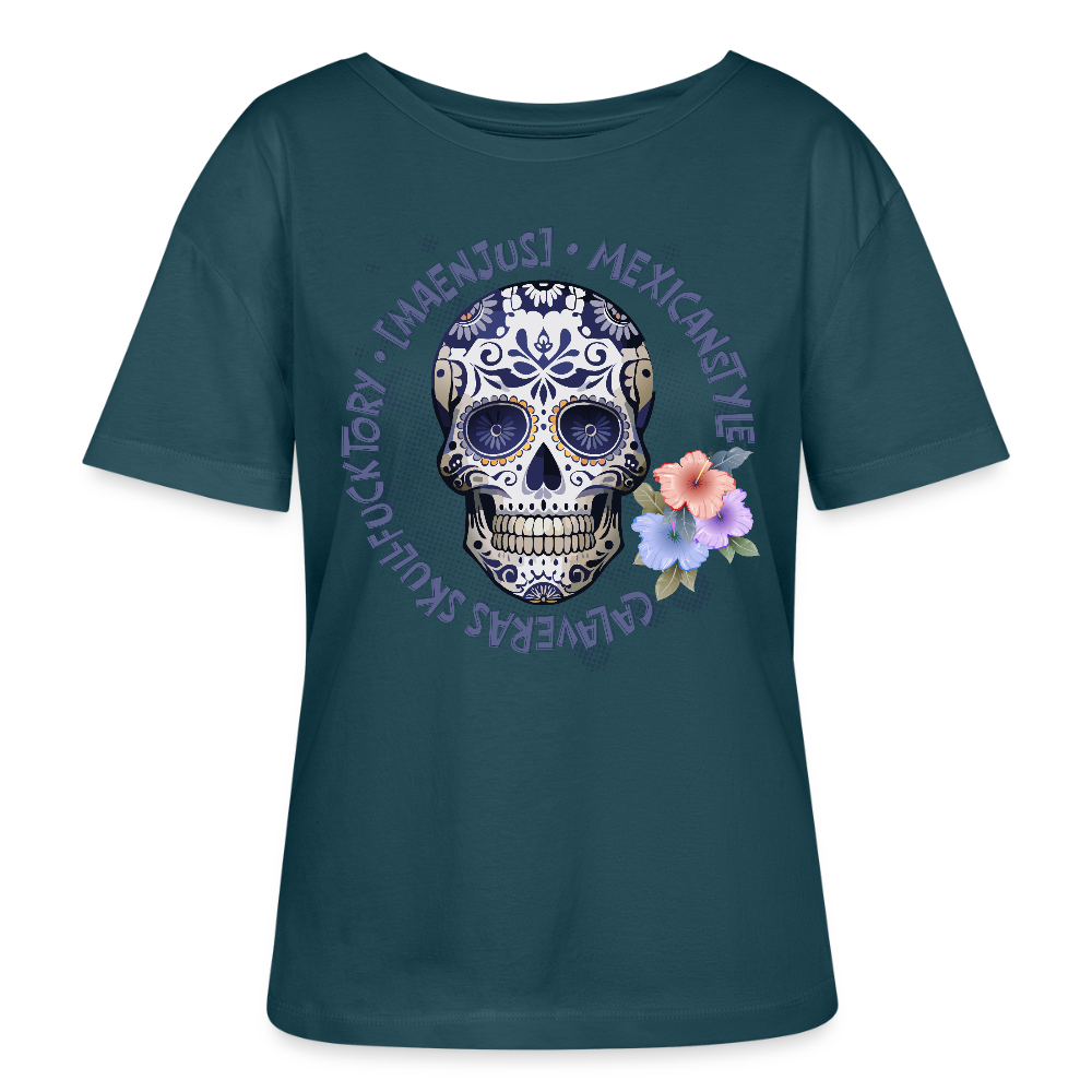 Rundhals Frauen Bio-T-Shirt mit MAENJUS MEXICANSTYLE PRINT Vorderseite - Dunkles Petrol