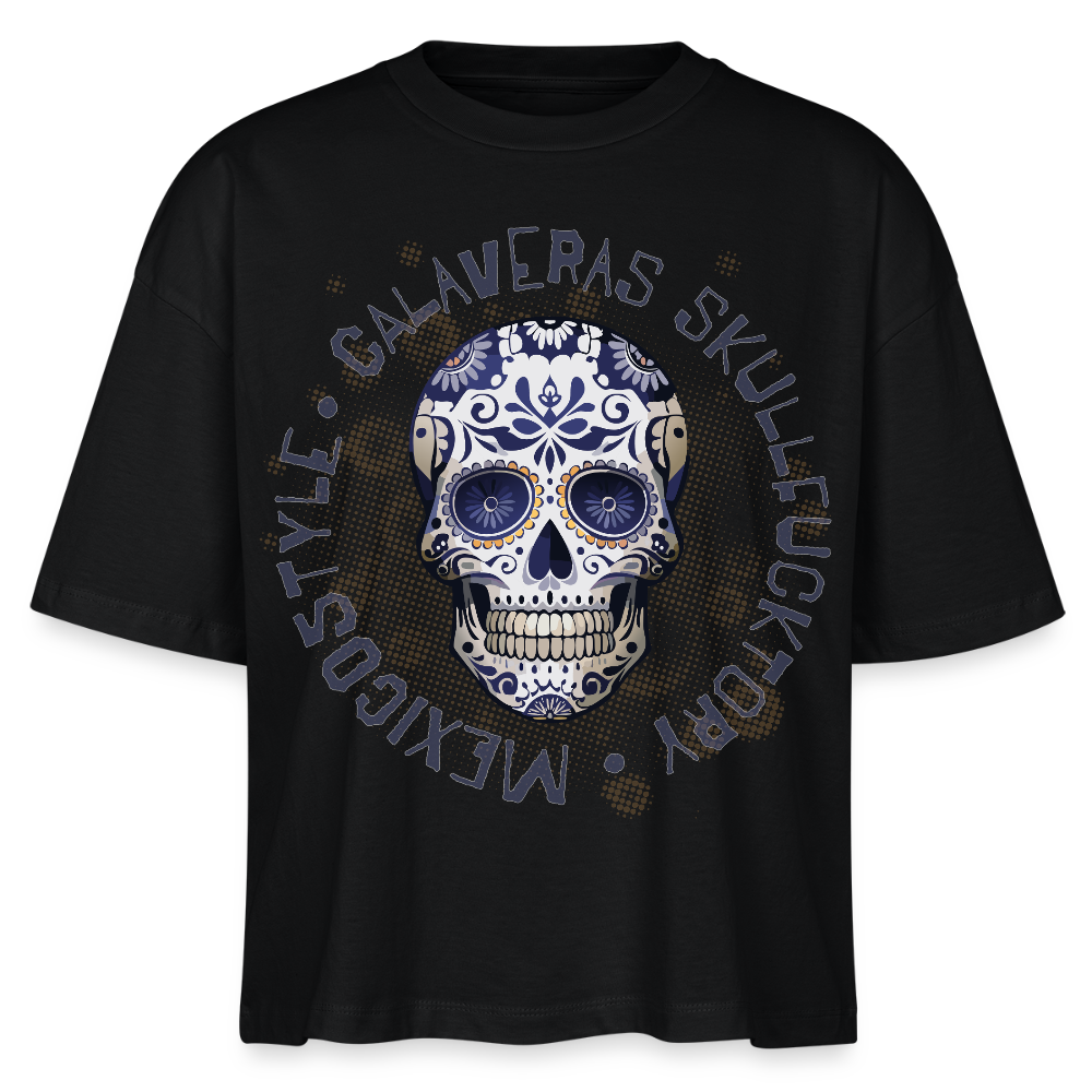 Frauen Boxy Bio-T-Shirt mit CALAVERAS SKULL PRINT - Schwarz