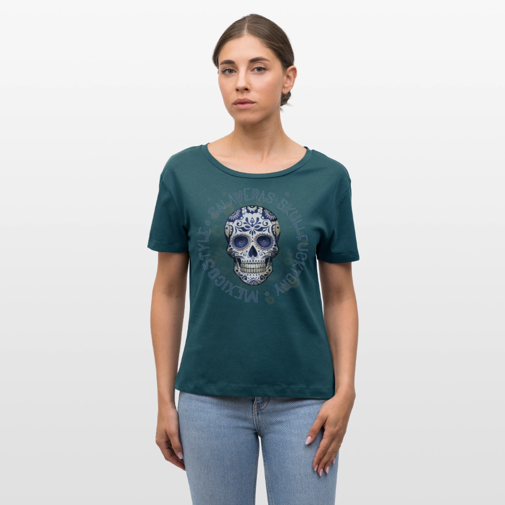 Frauen T-Shirt mit CALAVERAS SKULL PRINT - Dunkles Petrol