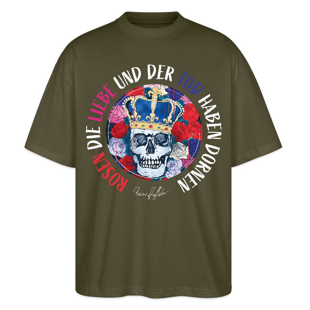 Oversized Unisex T-Shirt mit ROSEN DIE LIEBE UND DER TOD HABEN DORNEN PRINT - Khaki